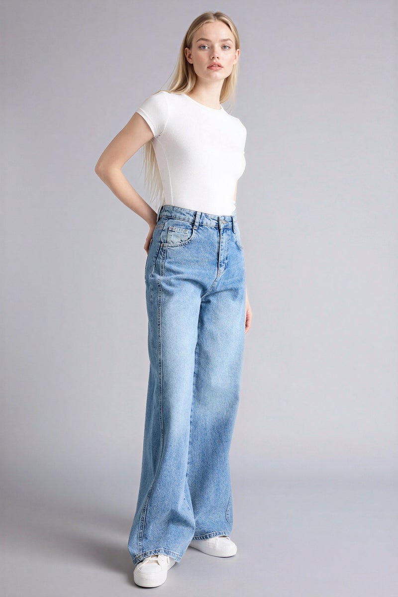 DeFacto Blue Woman Wide Leg Regular Waist Ankle Length Washed Jeans Casual - Image 2